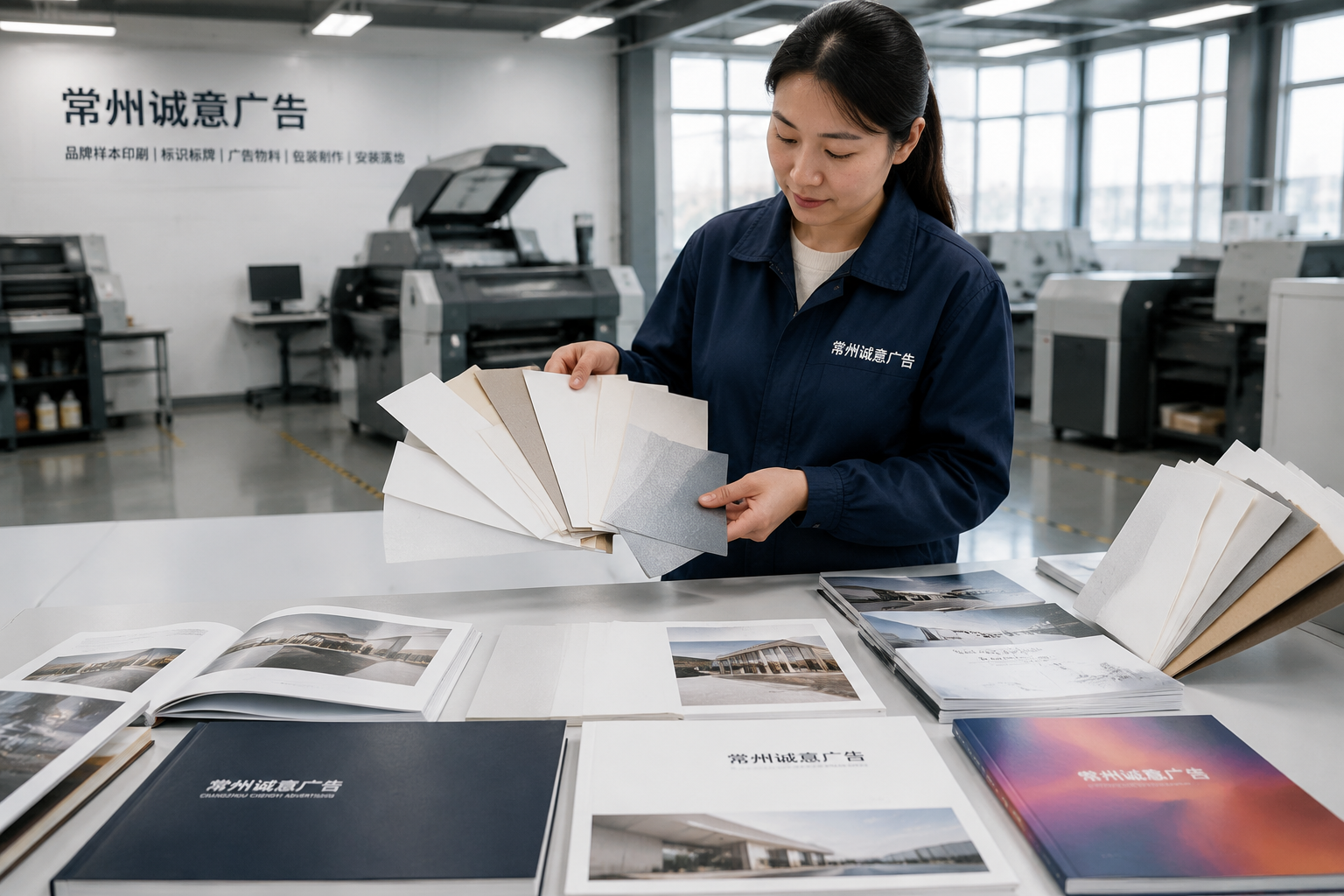 企业样本印刷车间,工作人员手拿不同克重铜版纸和特种纸,真实摄影感